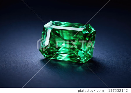 Luxurious green emerald gemstone on dark background with dramatic lighting Luxurious green emerald gemstone on dark background with dramatic lighting 137332142