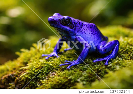 Vibrant purple frog sitting on moss in tropical rainforest environment 137332144