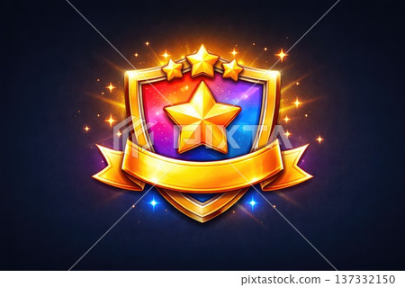 Shiny golden star badge emblem with colorful shield and ribbon design 137332150