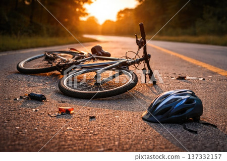 Bicycle accident on empty road at sunset with helmet and broken parts on asphalt Bicycle accident on empty road at sunset with helmet and broken parts on asphalt 137332157
