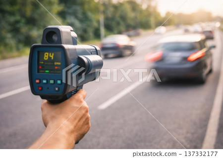 Police radar speed gun measuring car speed on road with blurred traffic background Police radar speed gun measuring car speed on road with blurred traffic background 137332177