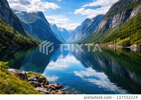 Scenic mountain fjord landscape with crystal clear lake and blue sky reflections 137332224