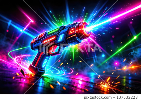 Futuristic neon laser gun weapon with glowing colorful light effects Futuristic neon laser gun weapon with glowing colorful light effects 137332228