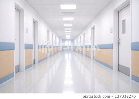 Clean empty hospital corridor with doors and bright lighting in medical facility interior 137332270