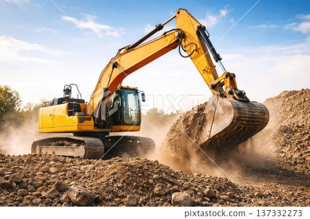 Yellow excavator digging soil at construction site with dust and blue sky Yellow excavator digging soil at construction site with dust and blue sky 137332273