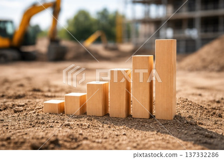Wooden blocks arranged as growth chart on construction site with excavator background Wooden blocks arranged as growth chart on construction site with excavator background 137332286