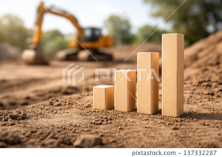 Wooden block bar graph representing business growth with excavator and building site Wooden block bar graph representing business growth with excavator and building site 137332287