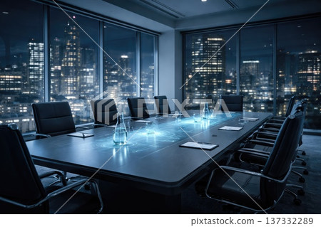Modern boardroom with panoramic city skyline view at night and illuminated table Modern boardroom with panoramic city skyline view at night and illuminated table 137332289