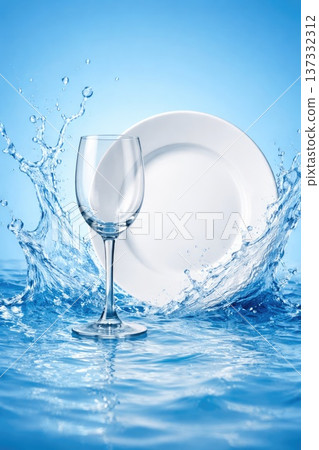 Clean glass and white plate with water splash on blue background concept of hygiene and washing dishes Clean glass and white plate with water splash on blue background concept of hygiene and washing dishes 137332312