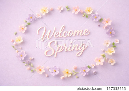 Welcome spring floral wreath with pastel flowers decorative seasonal greeting design 137332333