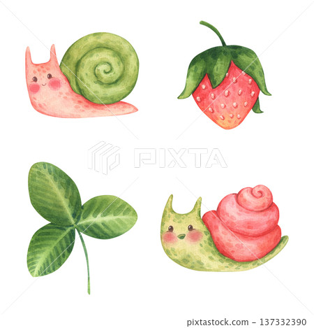 Two cute snails, a strawberry, and a leave. A sweet summer set of four elements. A collection in a children's cartoon style. Watercolor illustration hand drawn and isolated on a white background Two cute snails, a strawberry, and a leave. A sweet summer set of four elements. A collection in a children's cartoon style. Watercolor illustration hand drawn and isolated on a white background 137332390