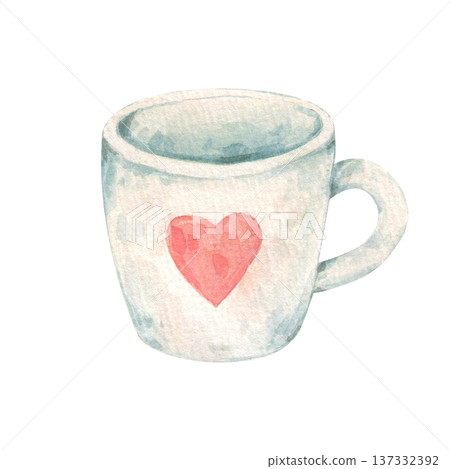 White cup with a handle and a pink heart. Simple empty mug, stylized in a childish cartoon style.Watercolor illustration hand drawn and isolated on a white background. Ideal for different composition White cup with a handle and a pink heart. Simple empty mug, stylized in a childish cartoon style.Watercolor illustration hand drawn and isolated on a white background. Ideal for different composition 137332392