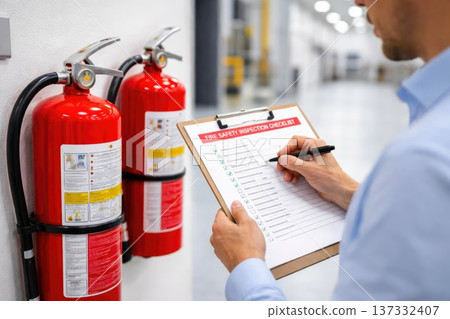 Fire safety inspector checking wall mounted fire extinguishers with inspection checklist in modern building corridor Fire safety inspector checking wall mounted fire extinguishers with inspection checklist in modern building corridor 137332407