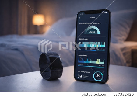 Smartphone and wearable tracker showing sleep analysis and health data on bedside table 137332420
