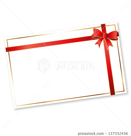 White greeting card with a gold frame and a red bow 137332436