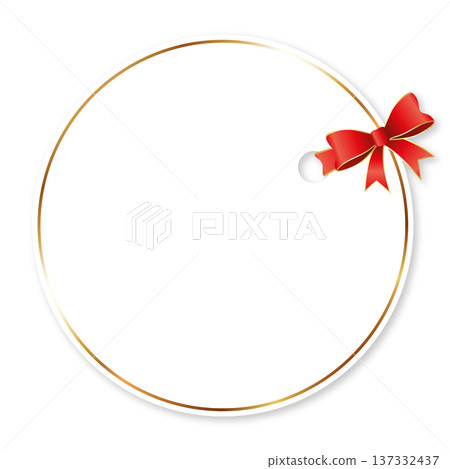 White round greeting card with a gold frame and a red bow 137332437