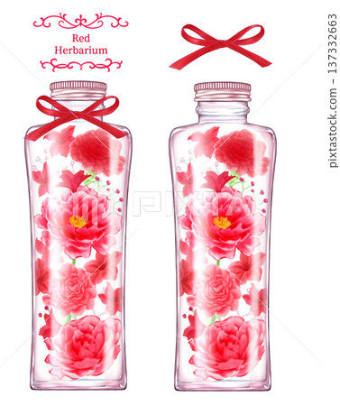Illustration of a herbarium of red flowers in a vertical glass bottle 137332663
