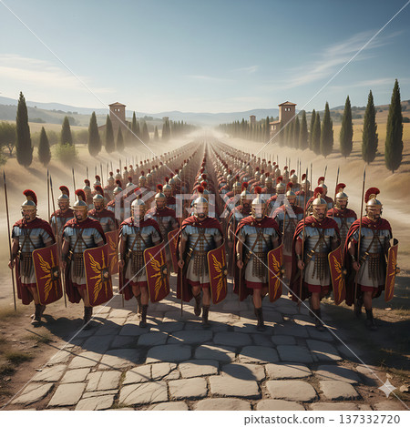 古羅馬軍團列隊行進的歷史場景 137332720