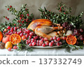 Roasted Turkey Feast Surrounded by Autumnal Fruits 137332749