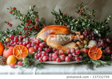 Roasted Turkey Feast Surrounded by Autumnal Fruits 137332749
