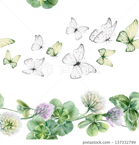 Seamless pattern of shamrocks and four leaves clover,lilac and white flowers,butterflies.Watercolor ilustration,symbolizing luck and new beginnings,for wedding,bridal party decor,romantic celebrations Seamless pattern of shamrocks and four leaves clover,lilac and white flowers,butterflies.Watercolor ilustration,symbolizing luck and new beginnings,for wedding,bridal party decor,romantic celebrations 137332799