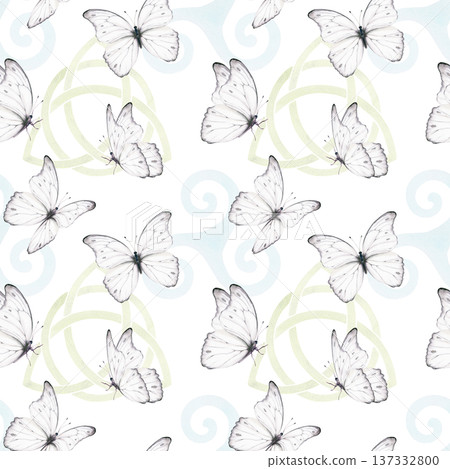 Light green Celtic Trinity Knot unity,Triskele Celtic symbol with white butterfly in seamless pattern,representing ancestral spirits and connection.Watercolor for cultural projects,heritage themes Light green Celtic Trinity Knot unity,Triskele Celtic symbol with white butterfly in seamless pattern,representing ancestral spirits and connection.Watercolor for cultural projects,heritage themes 137332800