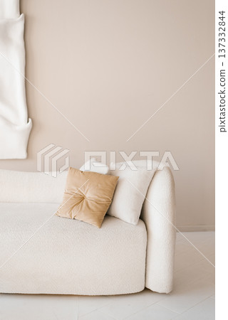 Minimalist White Boucle Sofa in Beige Room 137332844