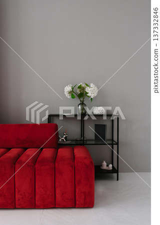 Red Velvet Sofa and Black Shelf with Decor 137332846