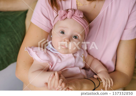 Happy Baby Girl In Pink Outfit With Headband Happy Baby Girl In Pink Outfit With Headband 137332850
