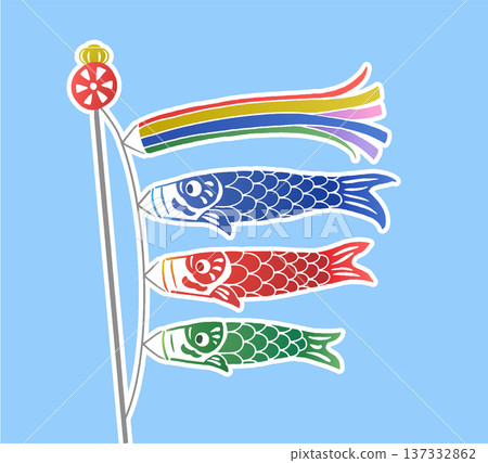 Paper cutout/Tenugui style illustration of carp streamers swimming in the blue sky Paper cutout/Tenugui style illustration of carp streamers swimming in the blue sky 137332862