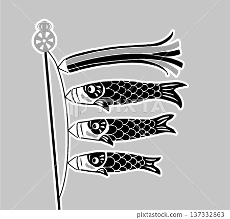 A monochrome illustration of a carp streamer swimming in the sky in a paper-cutting style 137332863