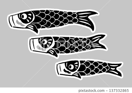 單色插圖，描繪了三條鯉魚飄帶在空中游動，採用剪紙風格。 137332865