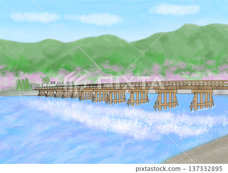 Arashiyama Togetsukyo Bridge and Cherry Blossoms Watercolor Arashiyama Togetsukyo Bridge and Cherry Blossoms Watercolor 137332895