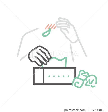 簡單的插圖，描繪了一個人用紙巾擦拭因花粉熱流鼻涕而流鼻涕的情景。向量圖。 137333039