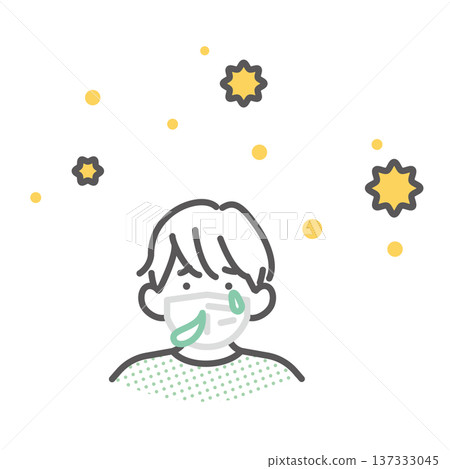 Simple illustration of a child wearing a mask with a runny nose due to hay fever. Vector illustration 137333045