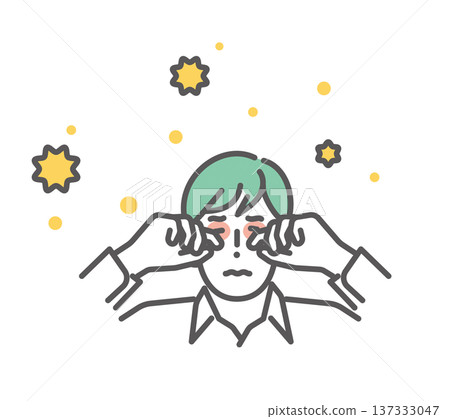 一幅簡單的插圖,描繪了一位日本男子因花粉症而揉搓發癢的眼睛。向量圖。 一幅簡單的插圖,描繪了一位日本男子因花粉症而揉搓發癢的眼睛。向量圖。 137333047