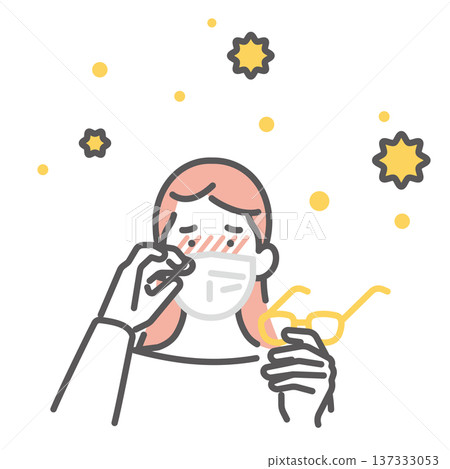 一幅簡單的插圖,描繪了一位因花粉症眼睛發癢的日本女性,她戴著眼鏡以抵禦花粉。向量圖。 一幅簡單的插圖,描繪了一位因花粉症眼睛發癢的日本女性,她戴著眼鏡以抵禦花粉。向量圖。 137333053