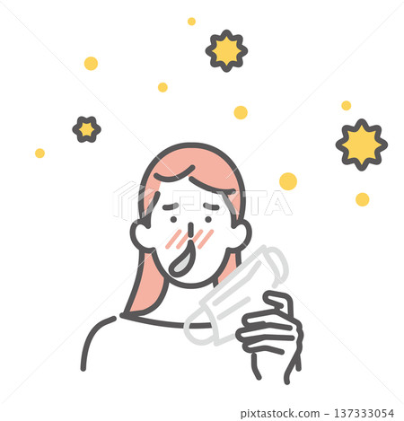 Simple illustration of a Japanese woman with a runny nose and a mask due to hay fever. Vector illustration Simple illustration of a Japanese woman with a runny nose and a mask due to hay fever. Vector illustration 137333054
