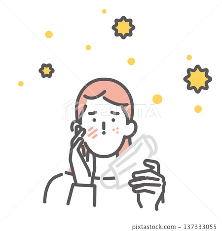 一幅描繪一位患有花粉症、皮膚粗糙和濕疹的日本女性的簡單插圖。向量圖。 137333055