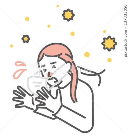 Simple illustration of a Japanese woman with hay fever sneezing and blowing off her mask. Vector illustration 137333056