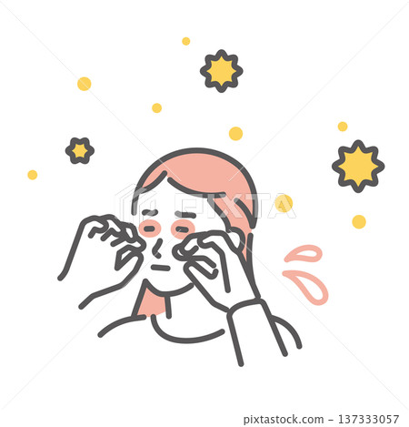 一幅簡單的插圖,描繪了一位日本女性因花粉症而揉搓發癢的眼睛。向量圖。 一幅簡單的插圖,描繪了一位日本女性因花粉症而揉搓發癢的眼睛。向量圖。 137333057