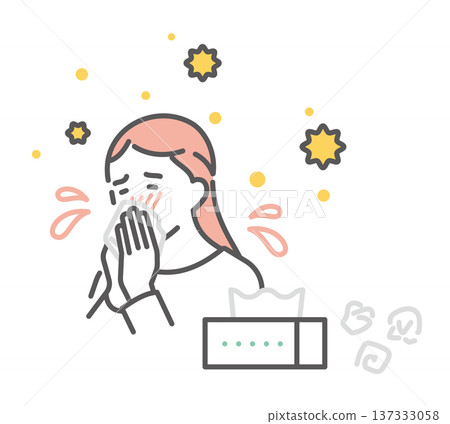 一幅簡單的插圖，描繪了一位日本女性因花粉症而擤鼻涕的情景。向量圖。 137333058
