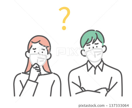 一幅簡單的插圖，描繪了一對日本男女出現花粉症症狀，並懷疑病因的情景。向量圖。 137333064