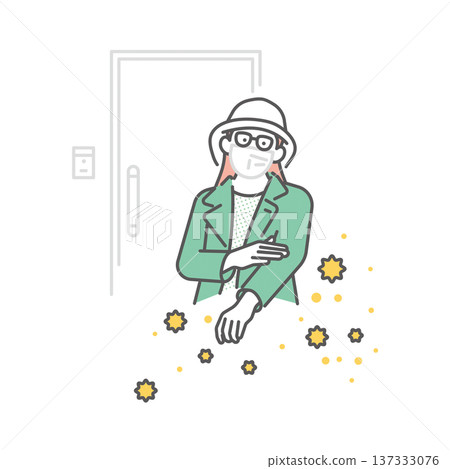 Simple illustration of a woman brushing pollen off her clothes at the entrance. Vector illustration Simple illustration of a woman brushing pollen off her clothes at the entrance. Vector illustration 137333076