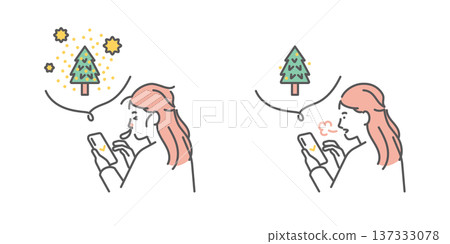 一幅簡單的插圖,描繪了一位女士正在用智慧型手機查看花粉擴散訊息。向量圖。 一幅簡單的插圖,描繪了一位女士正在用智慧型手機查看花粉擴散訊息。向量圖。 137333078