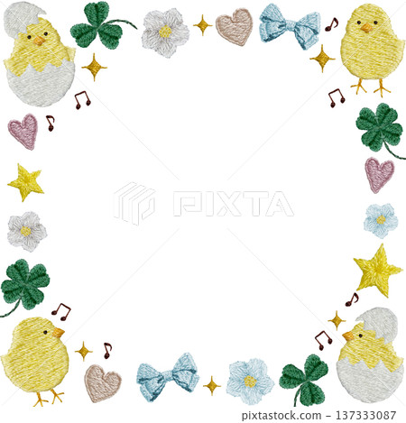 [Happy Chick Square Frame] Hand-embroidered illustration material 137333087