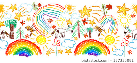 Cute kid doodle pattern. Seamless background with children's drawings. Hand drawn. Not AI, vector illustration. 137333091