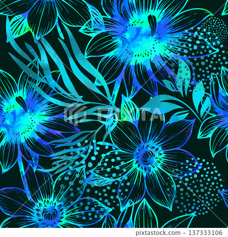 Seamless background with blue neon flowers. Hand drawn. Not AI, vector illustration Seamless background with blue neon flowers. Hand drawn. Not AI, vector illustration 137333106