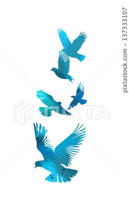 Flying birds blue silhouette flock. hand drawing. Not AI. Vector illustration Flying birds blue silhouette flock. hand drawing. Not AI. Vector illustration 137333107