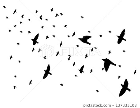 Flying birds silhouette flock. hand drawing. Not AI. Vector illustration Flying birds silhouette flock. hand drawing. Not AI. Vector illustration 137333108